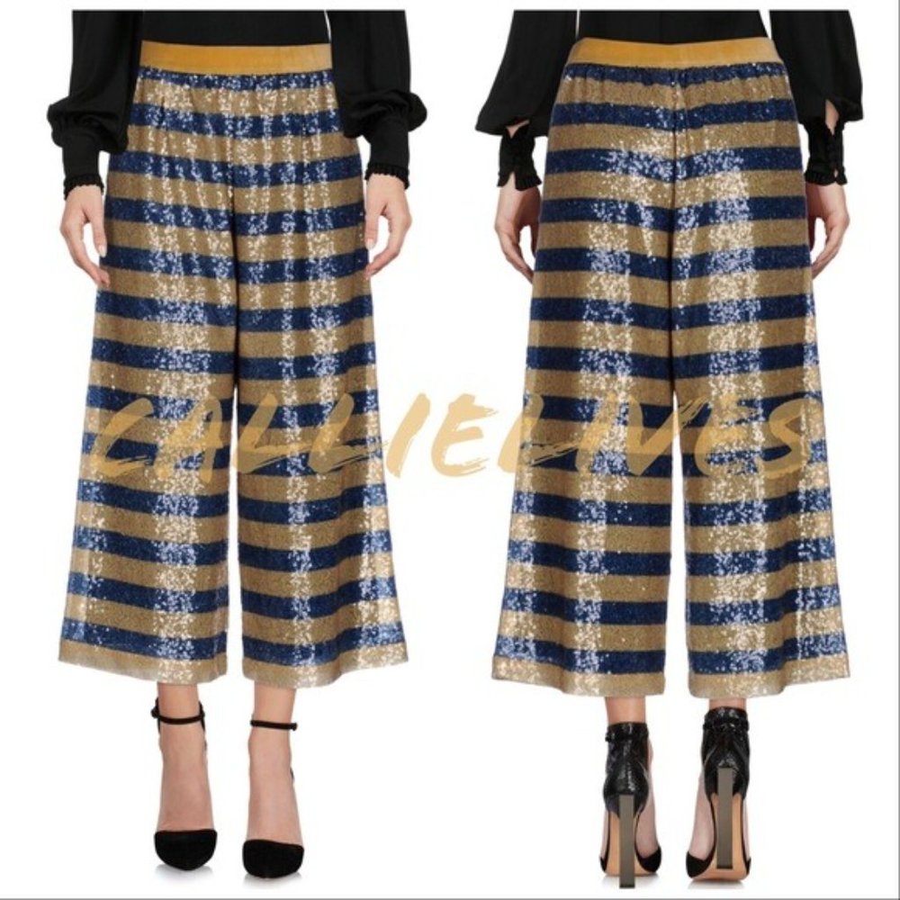 Callie Scotch Soda: Sequin Navy Blue Gold Horizontal Stripe Palazzo Pants - Picture 3 of 8